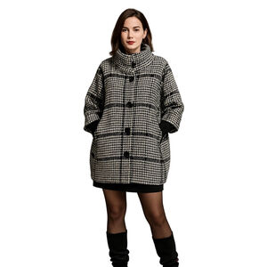 Wool Blend Houndstooth Plaid Coat Black White Oversized Cocoon Style M/L